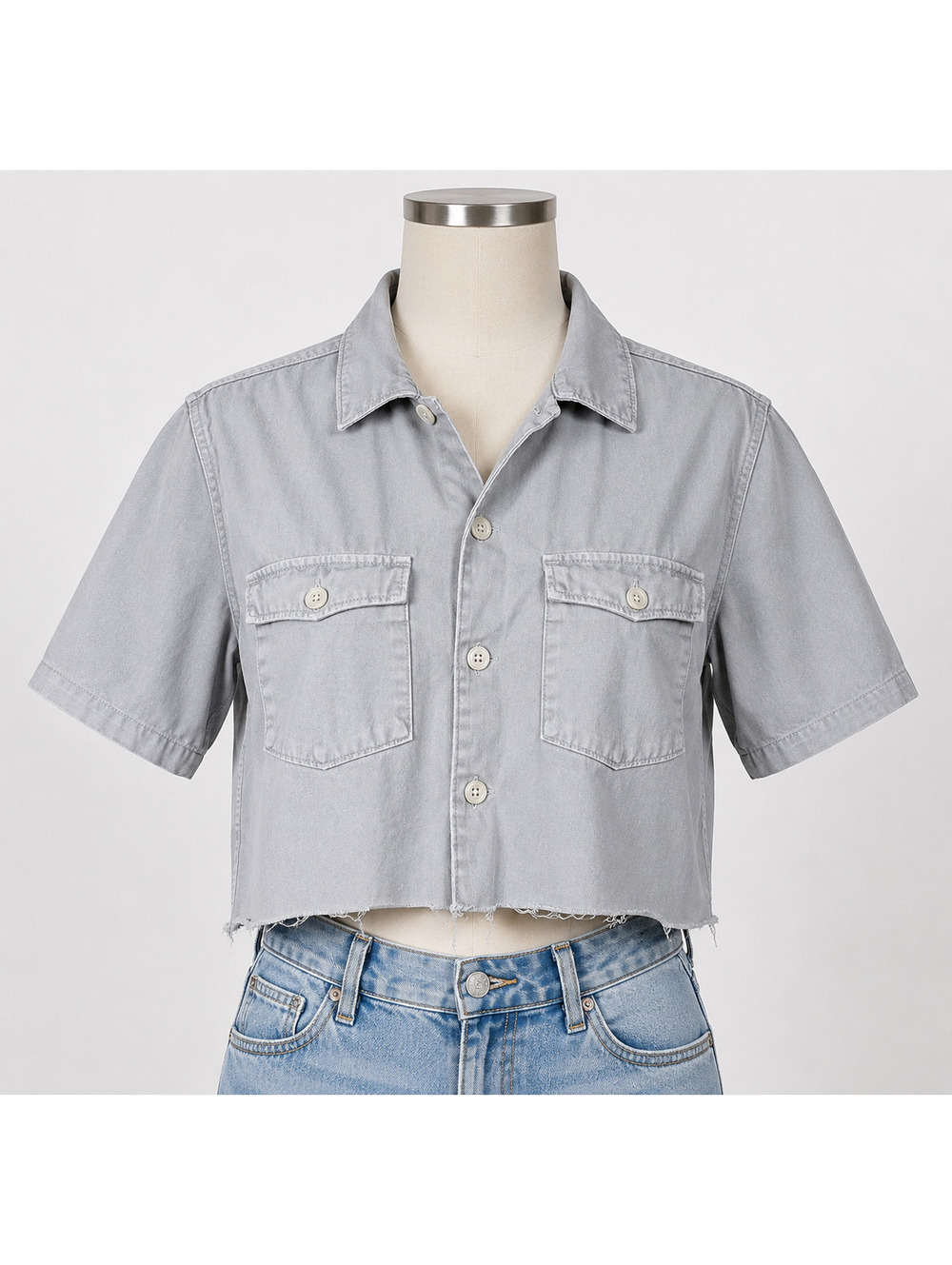 AllSaints Relaxed Fit Cropped Utility Shirt Women’s Small Gray Raw Hem
